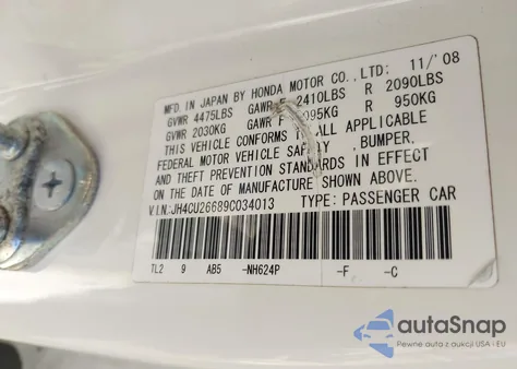 2009 Acura Tsx z USA, uszkodzony, nr VIN JH4CU26689C034013